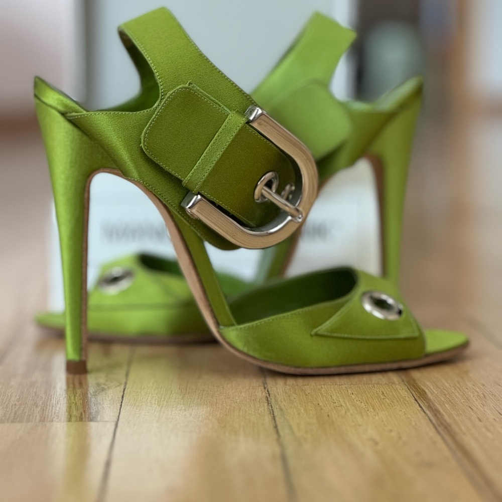 Manolo Blahnik Lime Green Satin Buckle High-Heel Sandals